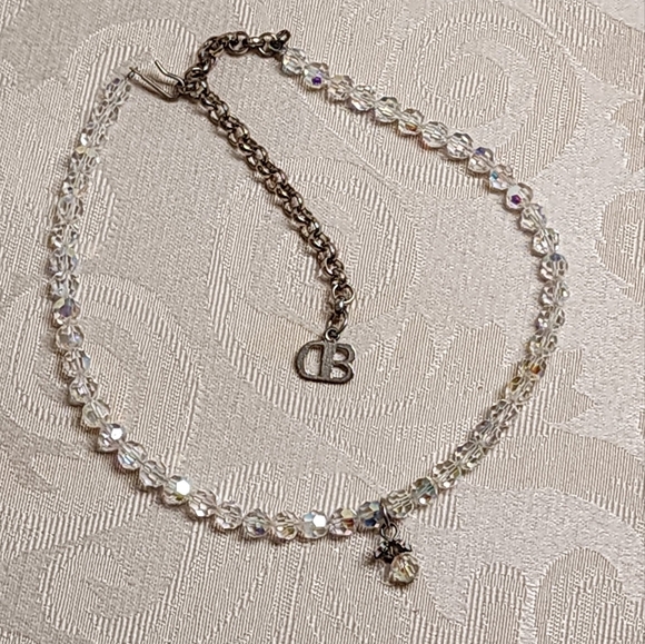 Vintage Signed DB Aurora Borealis Silver Choker Necklace with Teardrop Pendant - Picture 2 of 12